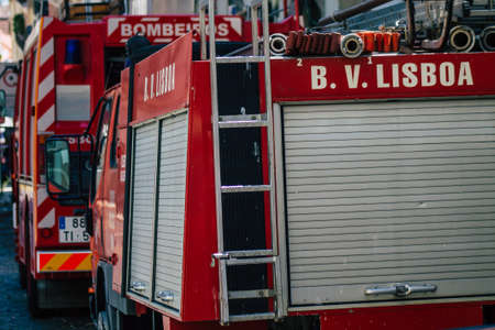 Lisbon Portugal july 26, 2020 View of a fire engine in the streets of Lisbon, the hilly coastal...