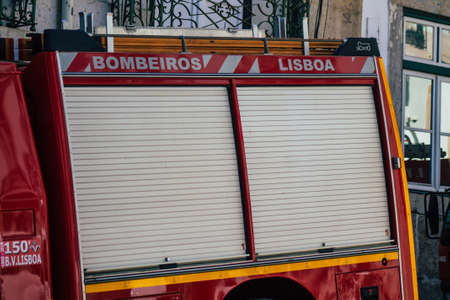 Lisbon Portugal july 26, 2020 View of a fire engine in the streets of Lisbon, the hilly coastal capital city of Portugal and one of the stunning oldest cities in Europeの写真素材