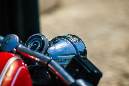 Lisbon Portugal july 26, 2020 View of a Harley Davidson motorcycle parked in the streets of Lisbon,...