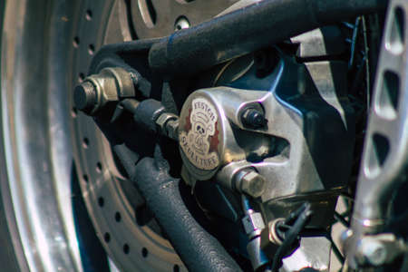 Lisbon Portugal july 26, 2020 View of a Harley Davidson motorcycle parked in the streets of Lisbon,...