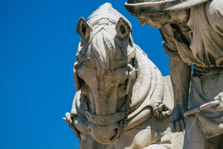 Lisbon Portugal july 27, 2020 Closeup of the monument and the statue located at The Marquis of Pombal Square, an important roundabout in the city of Lisbon, the coastal capital city of Portugalの写真素材