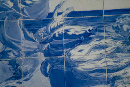 Lisbon Portugal july 27, 2020 Closeup of the blue mosaic of the facade of the Carlos Lopes pavilion located in the Eduardo VII park of Lisbon, the hilly coastal capital city of Portugalのeditorial素材