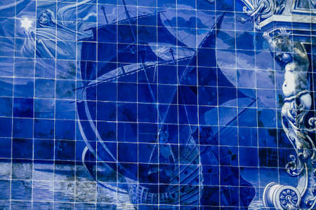 Lisbon Portugal july 27, 2020 Closeup of the blue mosaic of the facade of the Carlos Lopes pavilion located in the Eduardo VII park of Lisbon, the hilly coastal capital city of Portugalのeditorial素材