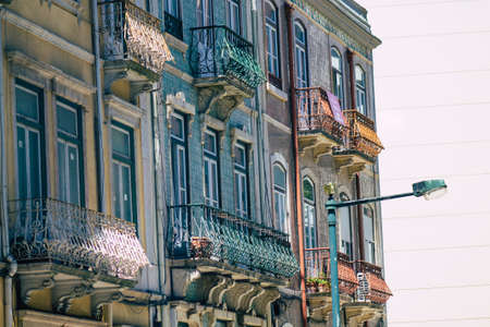 Lisbon Portugal july 29, 2020 View of classic facade of ancient historical buildings in the downtown...