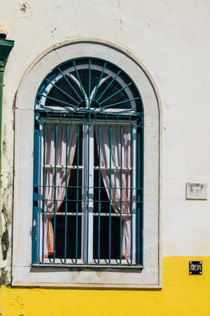 Lisbon Portugal july 30, 2020 View of window on the facade of ancient historical buildings in the...