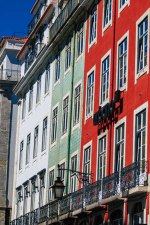 Lisbon Portugal August 01, 2020 View of classic facade of ancient historical buildings in the downtown area of Lisbon, the hilly coastal capital city of Portugal and one of the oldest cities in Europeのeditorial素材
