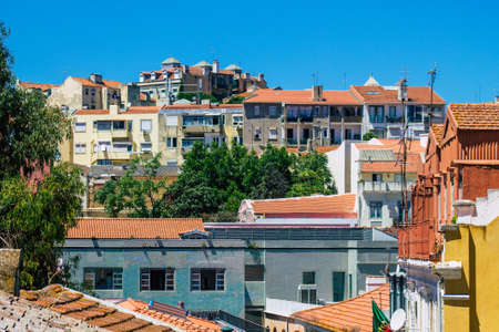 Lisbon Portugal August 01, 2020 View of classic facade of ancient historical buildings in the...