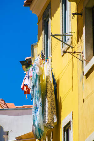 Lisbon Portugal August 01, 2020 View of classic facade of ancient historical buildings in the...