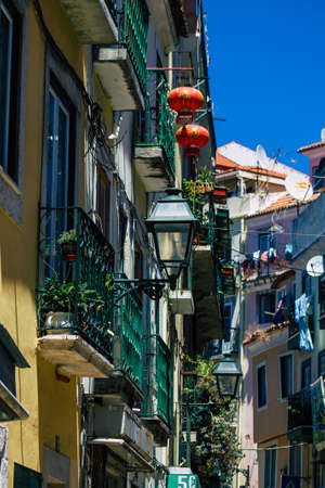 Lisbon Portugal August 01, 2020 View of classic facade of ancient historical buildings in the...