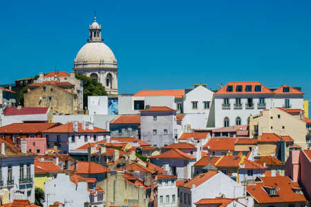 Lisbon Portugal August 01, 2020 View of classic facade of ancient historical buildings in the...