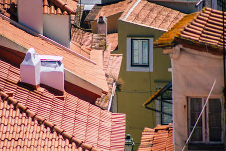 Lisbon Portugal August 01, 2020 View of roof of ancient historical buildings in the downtown area of...
