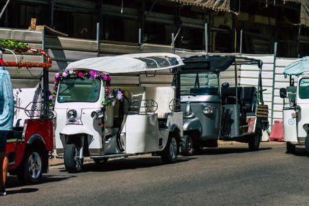 Lisbon Portugal August 01, 2020 View of a tuk tuk for tourists driving through the streets of...