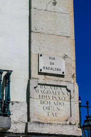 Lisbon Portugal August 01, 2020 View of a street or road name an identifying name given to a street, usually forms part of the address to further help identify them in the streets of Lisbonのeditorial素材