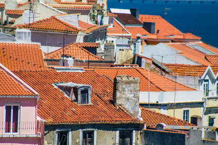 Lisbon Portugal August 01, 2020 View of roof of ancient historical buildings in the downtown area of Lisbon, the coastal capital city of Portugal and one of the oldest cities in Europeのeditorial素材