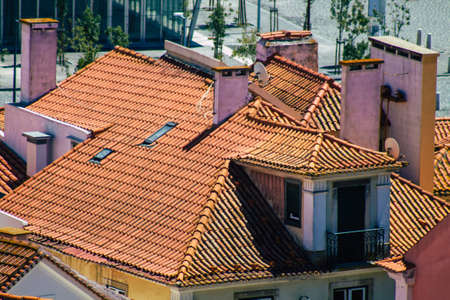 Lisbon Portugal August 01, 2020 View of roof of ancient historical buildings in the downtown area of Lisbon, the coastal capital city of Portugal and one of the oldest cities in Europeのeditorial素材