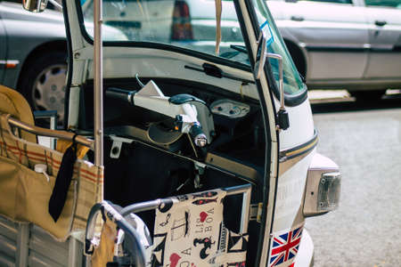 Lisbon Portugal August 01, 2020 View of a tuk tuk for tourists driving through the streets of...
