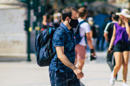 Lisbon Portugal August 01, 2020 View of unidentified pedestrians with a face mask to protect...