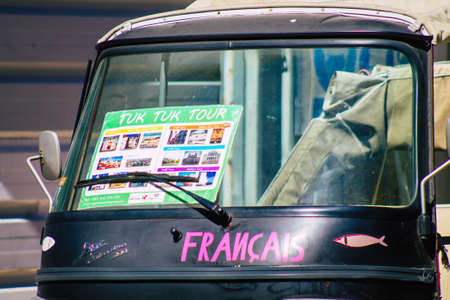 Lisbon Portugal August 01, 2020 View of a tuk tuk for tourists driving through the streets of...