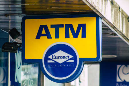 Lisbon Portugal August 04, 2020 View of an ATM located in the streets of Lisbon, the hilly coastal capital city of Portugal and one of the stunning oldest cities in Europeのeditorial素材