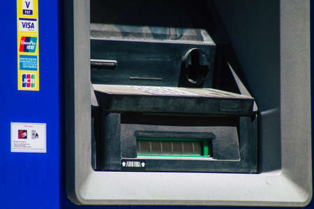 Lisbon Portugal August 04, 2020 View of an ATM located in the streets of Lisbon, the hilly coastal...