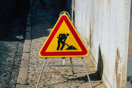 Lisbon Portugal August 04, 2020 View of street sign or road sign, erected at the side of or above...