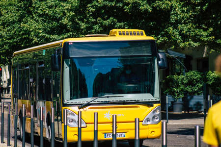 Reims France August 06, 2020 View of a traditional city bus for passengers driving through the...