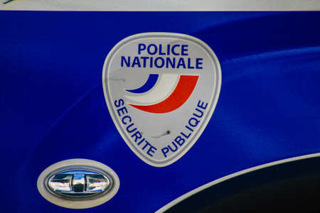 Reims France August 06, 2020 View of a traditional French police car driving through the historical streets of Reims, a city in the Grand Est region of France and one of the oldest in Europeのeditorial素材