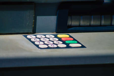 Reims France August 06, 2020 View of an ATM located in the historical streets of Reims, a city in...