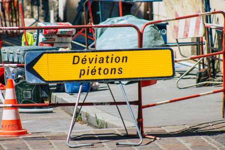 Reims France August 06, 2020 View of street sign or road sign, erected at the side of or above roads to provide information to road user in the downtown area of Reimsのeditorial素材