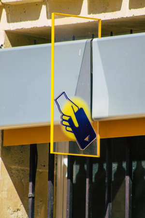 Reims France August 06, 2020 View of an ATM located in the historical streets of Reims, a city in the Grand Est region of France and one of the oldest in Europeのeditorial素材