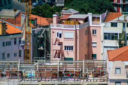 Lisbon Portugal August 03, 2020 Panoramic view of historical buildings in the downtown area of Lisbon, the hilly coastal capital city of Portugal and one of the oldest cities in Europeのeditorial素材