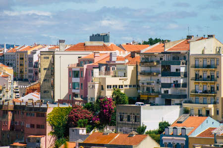 Lisbon Portugal August 03, 2020 Panoramic view of historical buildings in the downtown area of Lisbon, the hilly coastal capital city of Portugal and one of the oldest cities in Europeのeditorial素材