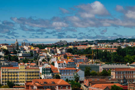 Lisbon Portugal August 03, 2020 Panoramic view of historical buildings in the downtown area of Lisbon, the hilly coastal capital city of Portugal and one of the oldest cities in Europeのeditorial素材
