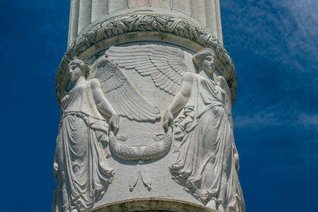 Lisbon Portugal August 03, 2020 View of a monument in the downtown area of Lisbon, the hilly coastal...