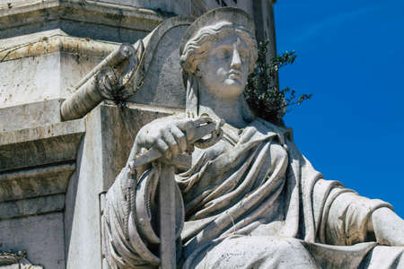 Lisbon Portugal August 03, 2020 View of a monument in the downtown area of Lisbon, the hilly coastal...
