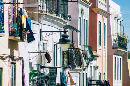 Lisbon Portugal August 03, 2020 View of classic facade of ancient historical buildings in the...