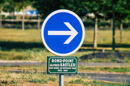 View of street sign or road sign, erected at the side of or above roads to provide information to road user in the downtown area of Reimsの写真素材