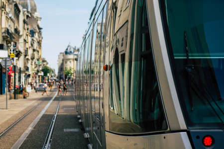 Reims France August 20, 2020 View of a modern electric tram for passengers driving through the streets and part of the public transport system of Reims, a city in the Grand Est region of Franceのeditorial素材