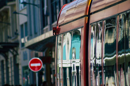 Reims France August 20, 2020 View of a modern electric tram for passengers driving through the streets and part of the public transport system of Reims, a city in the Grand Est region of Franceのeditorial素材