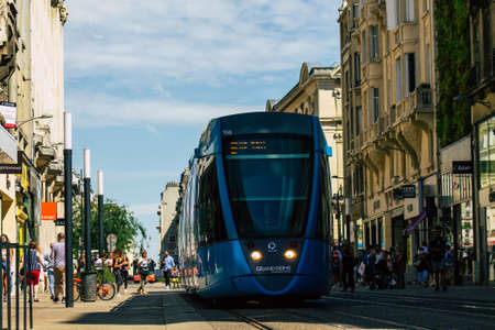 Reims France August 20, 2020 View of a modern electric tram for passengers driving through the streets and part of the public transport system of Reims, a city in the Grand Est region of Franceのeditorial素材