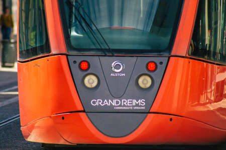 Reims France August 20, 2020 View of a modern electric tram for passengers driving through the streets and part of the public transport system of Reims, a city in the Grand Est region of Franceのeditorial素材