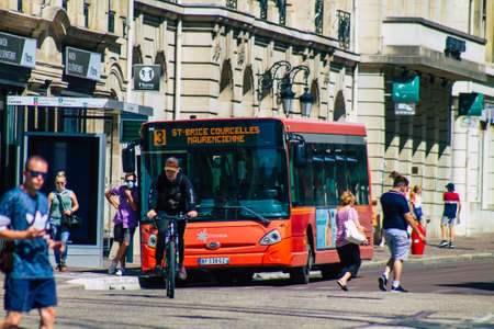 Reims France August 20, 2020 View of a traditional city bus for passengers driving through the...