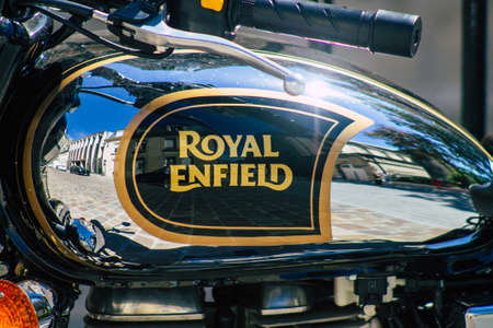 Reims France August 20, 2020 Closeup of a Classic 500 Royal Enfield motorcycle parked in the...