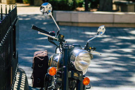 Reims France August 20, 2020 Closeup of a Classic 500 Royal Enfield motorcycle parked in the historical streets of Reims, a city in the Grand Est region of Franceのeditorial素材