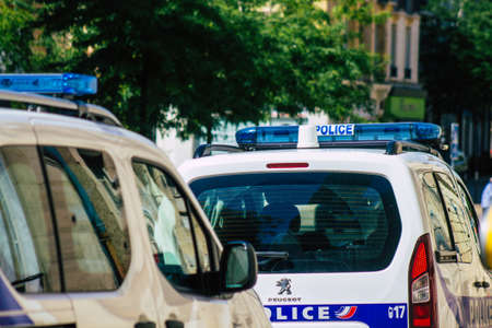 Reims France August 20, 2020 View of a traditional French police car parked in the historical streets of Reims, a city in the Grand Est region of France and one of the oldest in Europeのeditorial素材