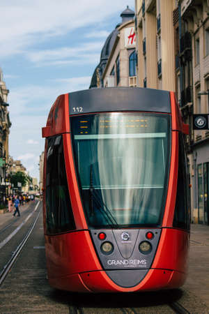 Reims France August 20, 2020 View of a modern electric tram for passengers driving through the streets and part of the public transport system of Reims, a city in the Grand Est region of Franceのeditorial素材