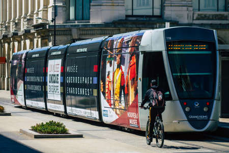 Reims France August 20, 2020 View of a modern electric tram for passengers driving through the...