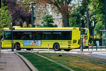 Reims France August 20, 2020 View of a traditional city bus for passengers driving through the...