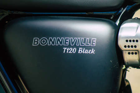 Reims France August 20, 2020 Closeup of a BONNEVILLE T120 Black Triumph motorcycle parked in the...