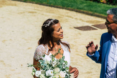 Reims France August 29, 2020 View of unidentified couple participating in a republican wedding according to the French tradition which takes place at Epernay town hall, a city of Champagne in Franceのeditorial素材